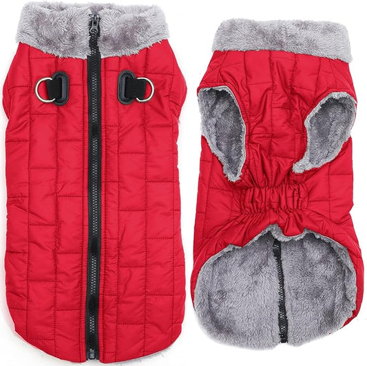 Warm Fleece Dog Coats with Durable Harness Buitl in D-Ring,Waterproof Doggie Jacket for Large Dogs,Dog Vest for Cold Winter,Red XXXL