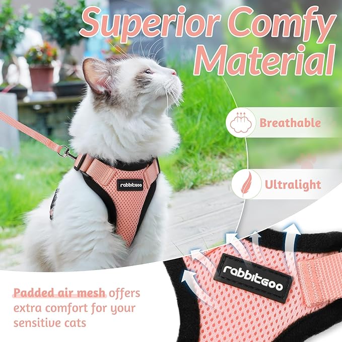 rabbitgoo Cat Harness and Leash for Walking, Escape Proof Soft Adjustable Vest Harnesses for Cats, Easy Control Breathable Reflective Strips Jacket, Light Salmon Pink, S