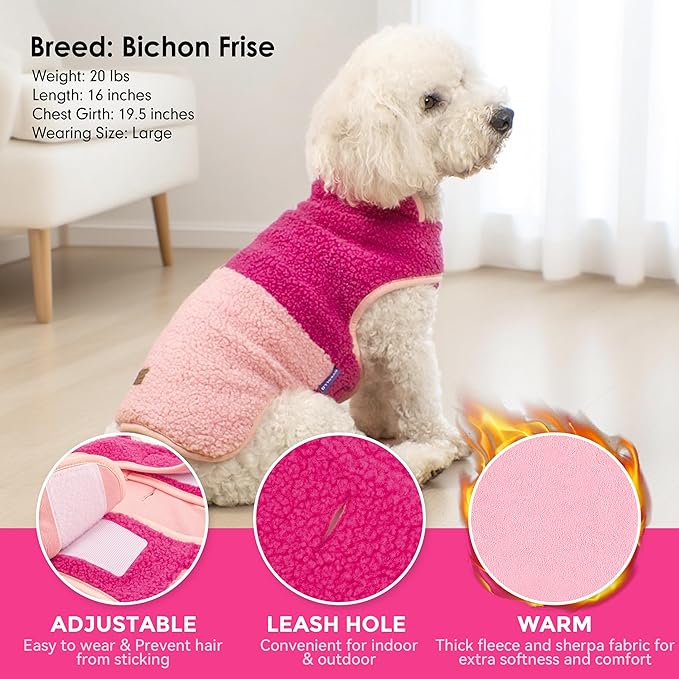 cyeollo Warm Dog Coat Sherpa Winter Coat, Reversible Fleece Jackets Sweater Vest for Small Dogs Female, Soft Cold Weather Dog Clothes, Rose Red M