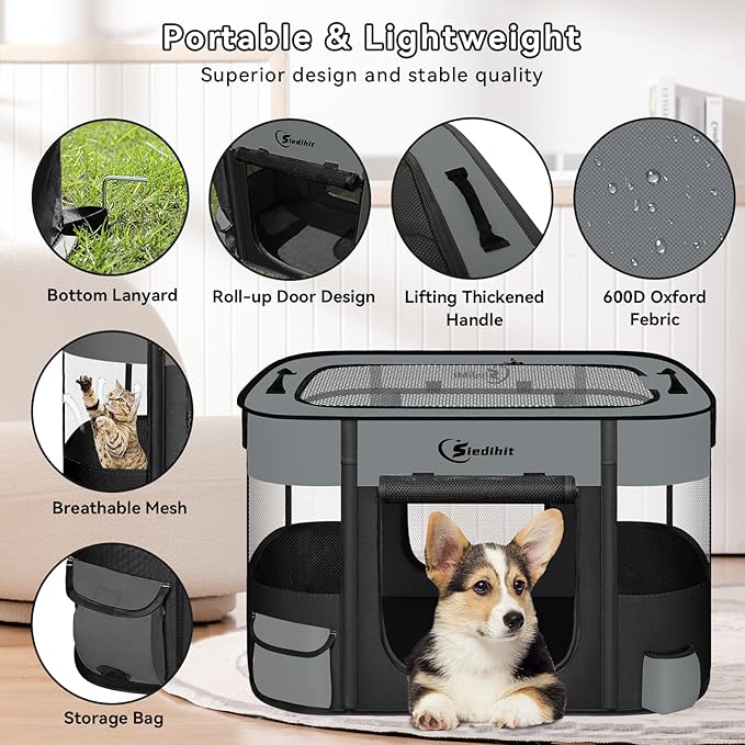 Dog Cat Playpen, Pet Puppy Portable Pens for Outdoor Travel Crate, Indoor After Surgery Use, Foldable Dog Kennel Tent for Rabbit or Small Animals and Tent Stakes (Dark Grey, Small)