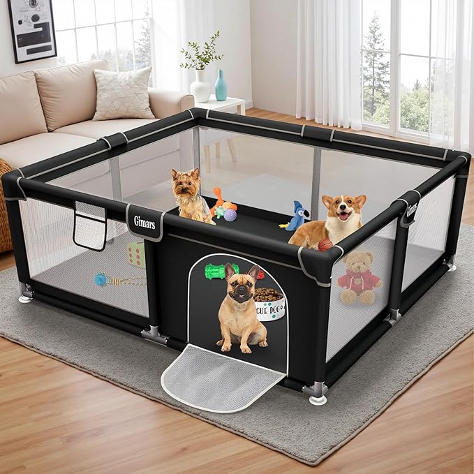 50x50x26 Inches Puppy Playpen with Gate, Dog Playpen for Puppies or Small Dogs, Sturdy Safety Dog Fence Pet Playpen with Thickened Fabric, High-Strength Nylon Wire Mesh for Indoor & Outdoor,Washable
