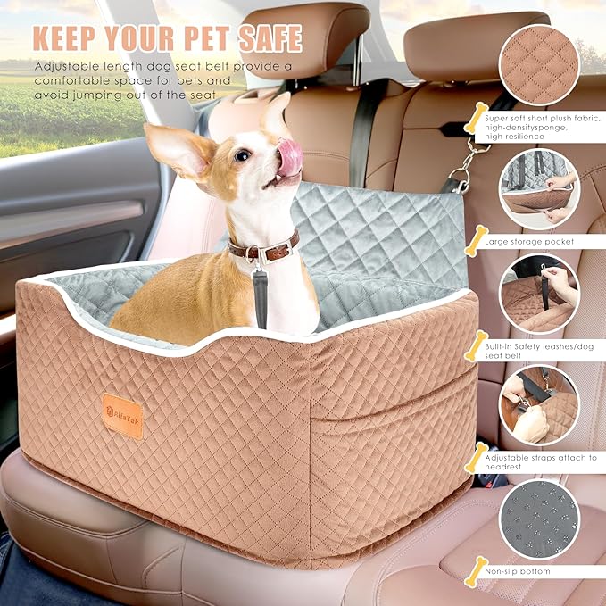 Memory Foam Booster Dog Car Seat Medium Dogs, Elevated Pet Car Seat Under 45 LBS, Detachable Washable, Anti-Slip Dog Booster Seat for Car Back Seat Only, Travel Dog Car Bed, Dog Seat Belt