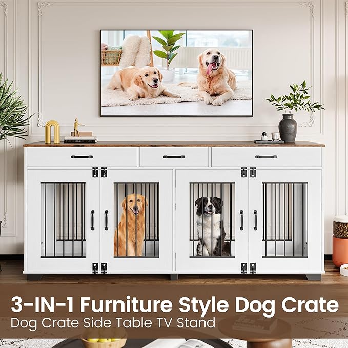 GarveeLife 71 in Dog Crate Furniture for 2 Rooms, Wooden Double Crate Large Breed with Door, Dog Kennel Indoor, TV Stand End Table with Divider for Large Medium Dogs,White/Brown