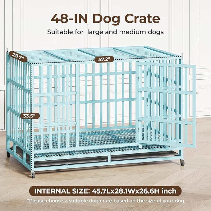 48IN Heavy Duty Dog Crate Steel Escape Proof, Indoor Double Door High Anxiety Cage Removable Tray, Extra Large,Blue