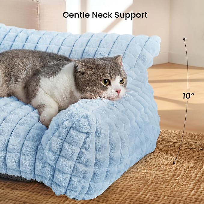 Cute Small & Medium Dog Couch Bed – Supportive & Fluffy Pet Sofa with Faux Rabbit Fur Washable Cover in 3D Diamond Pattern, 36" Light Blue