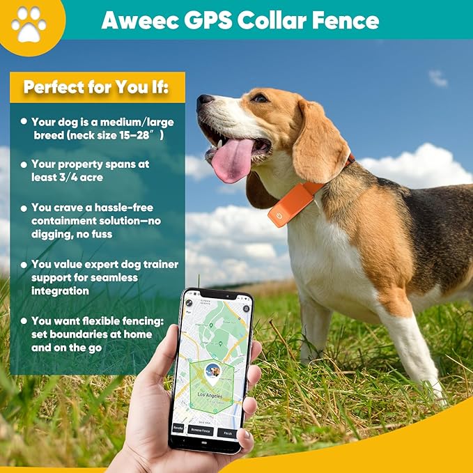 GPS Wireless Dog Fence with Free App, Electric Fence System with Training Collar, Portable Fence for Outdoor Use, Rechargeable Waterproof Flexiable Collar, Adjustable for Large Medium Dogs (Orange)