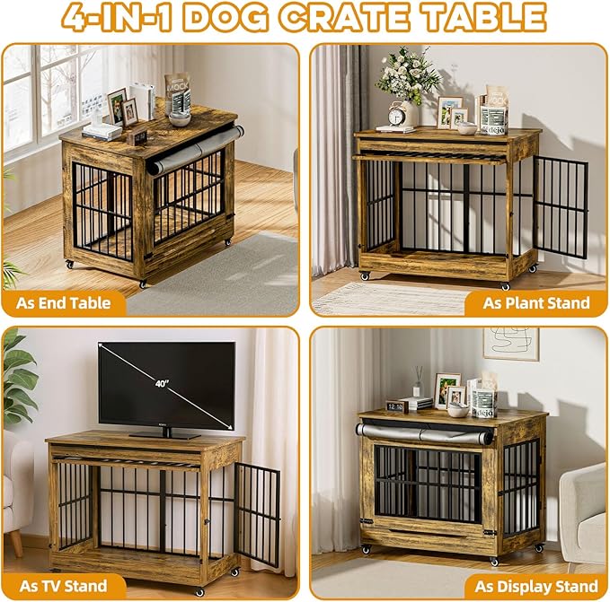 38" Dog Crate Furniture, Double Door Wooden Indoor Dog Kennel Furniture, Decorative Pet Cage End Table with Wheels for Large and Medium Breed Dogs, Size L, Rustic Brown