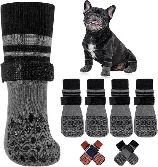 Kuoser Non Slip Dog Socks for Hardwood Floors,4Pack Anti-Slip Dog Grippy Socks to Prevent Licking Paws,Dogs Booties Paw Protectors with Double-Sided Traction for Small Medium Large Senior Dogs,Gray S