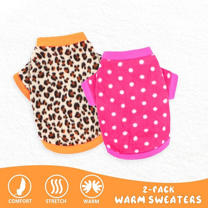 2 Pieces Dog Sweaters for Small Dogs Girl Fall Winter Fleece Dog Clothes Soft Warm Puppy Sweater Doggie Coat Pet Cloting Polka dots Leopard Print, XXS