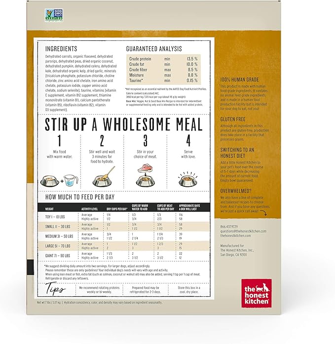 The Honest Kitchen Human Grade Dehydrated Grain Free Veggie, Nut & Seed Base Mix for Dogs - 7 Pound Box (Makes 12 Pounds)