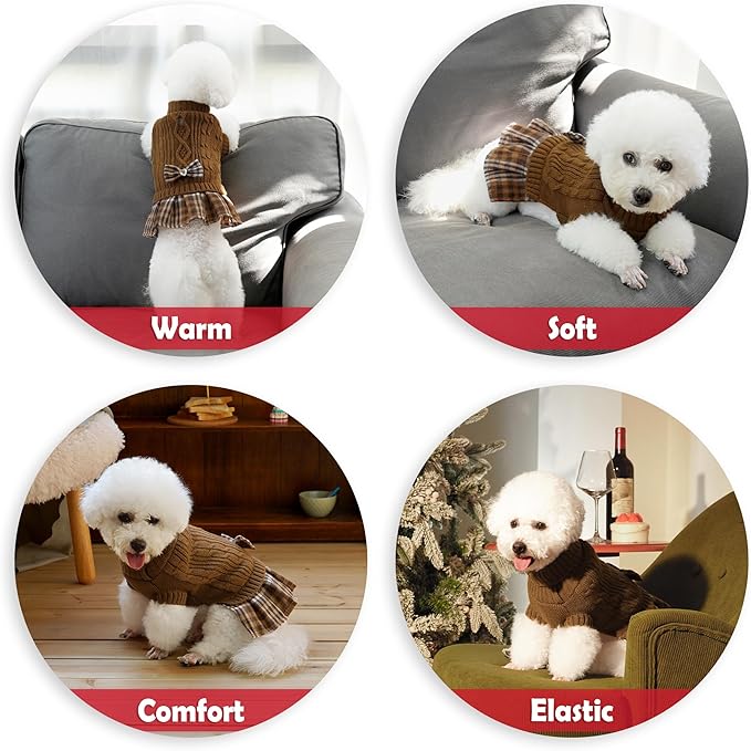 WOYYHO Girl Dog Sweater Dress with Bowtie Turtleneck Small Dogs Sweater with Leash Hole, Knitted Small Dog Sweaters Dress Puppy Winter Clothes for Yorkies Chihuahua (Large, Brown)