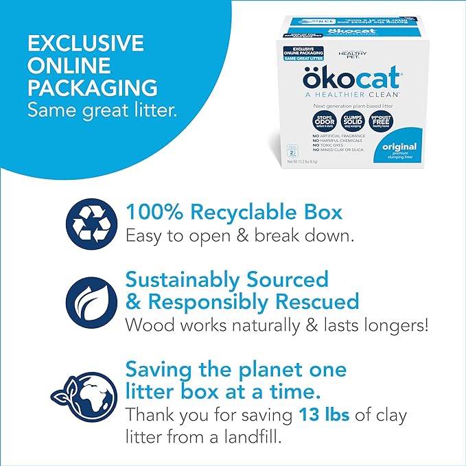 ökocat Original Wood Clumping Cat Litter, Unscented, 13.2 pounds - Natural Ingredients, Stops Odor, Clumps Solid, 99% Dust Free, Great for All Cats