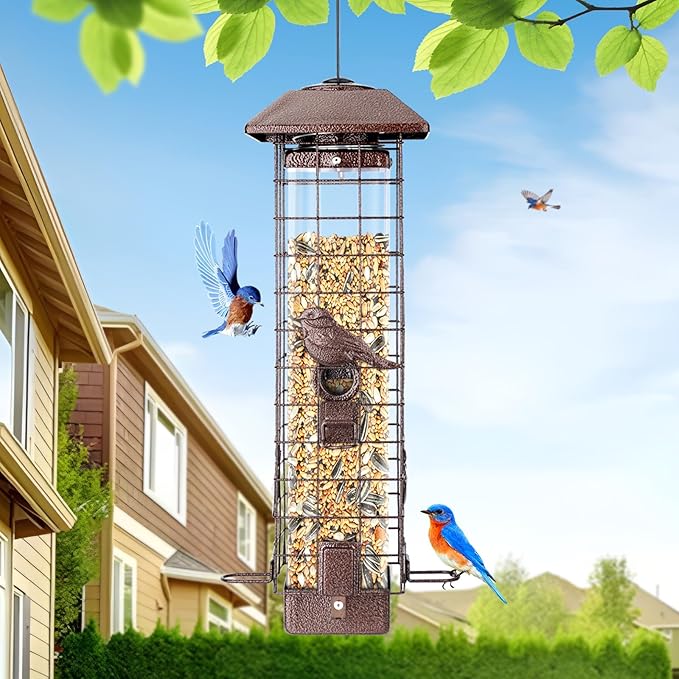 Squirrel Proof Hanging Bird Feeder for Outdoors, Gravity Protection Metal Wild Bird Feeder, 3LB Large Capacity, 4 Ports, Cardinal, Chickadee, Durable & Weatherproof, Ideal for Backyard