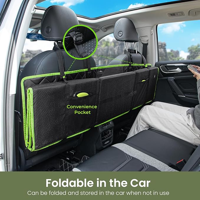 Back Seat Extender for Dogs 57 * 28.7 in, Waterproof Leather Fabric Dog Car Seat Cover for Back Seat, Foldable in The Car, Hard PVC Panels Bottom Support to 330 lbs, Full Coverage for Full Size Truck