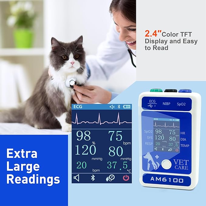 Handheld Veterinary Pulse Oximeter,Rechargeable Dog Blood Pressure Monitor, 6 Parameters Animal Patient Mnitoring Equipment with 2.4" Display and Bluetooth for Pets Cat Home Clinic Use