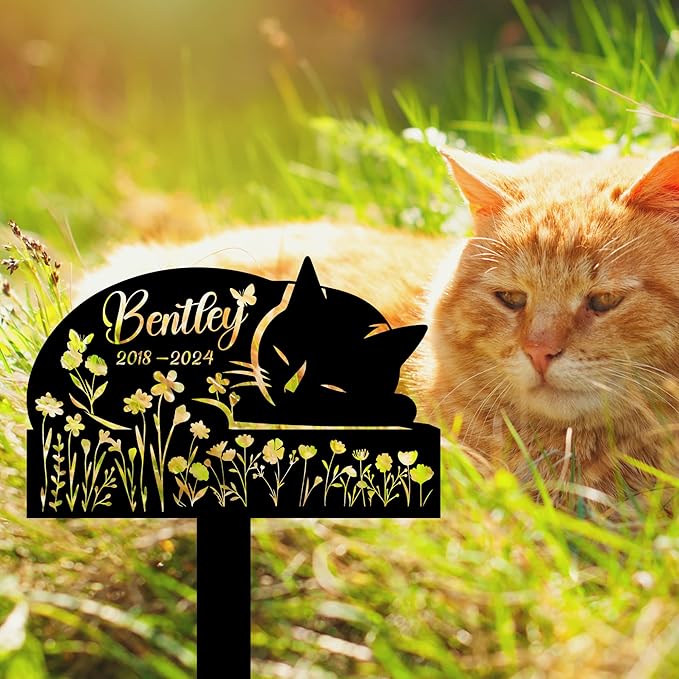 Sleeping Cat Grave Markers Outdoor, Weatherproof Metal Pet Headstone with Name & Date, Outdoor Grave Marker for Cats – Variety of Sizes & Finishes