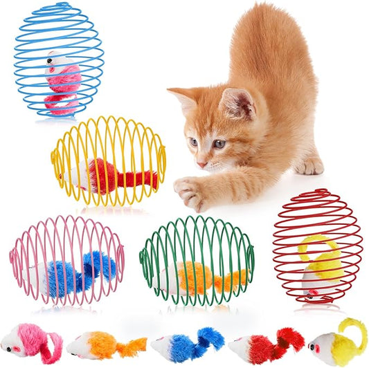 Jecery 5 Pcs Cat Spring Balls Stretchable Springs Toys Rolling Balls Colorful Playful Coils Interactive Spring Action Toy Caged Rats for Kitten Cat Pet Supplies Indoor (Mouse,Bright Color)