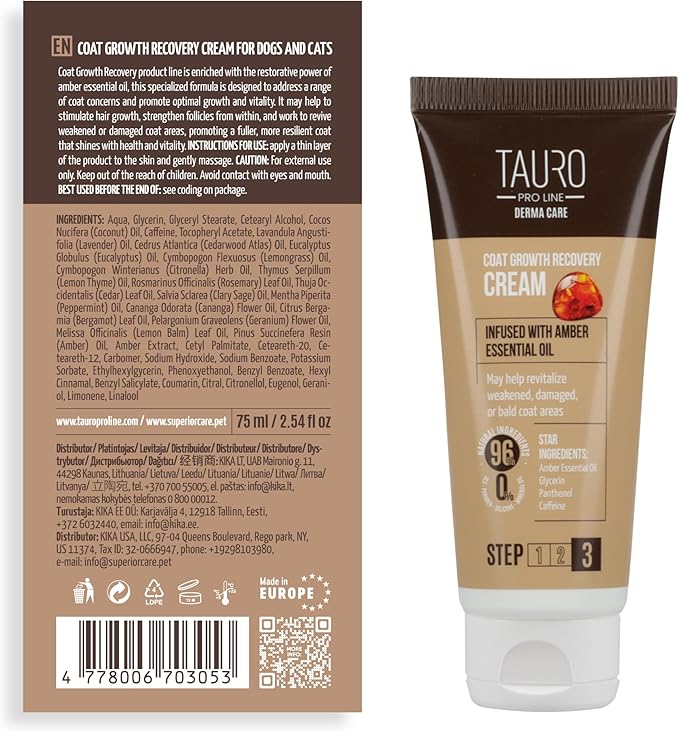 Tauro Pro Line Coat Growth Recovery Cream for Dogs & Cats – Strengthens Hair Roots & Boosts Regrowth – Dog & Cat Moisturizer for Thinning Fur, Shedding & Post-Surgery Care (Derma Care 2.5 Fl Oz)