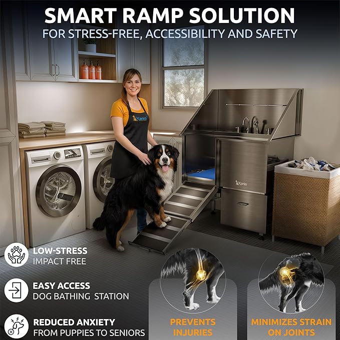 KANIS Professional Stainless Steel Dog Bathing Station - Grooming Tub w/Ramp, Storage Drawer, Floor Grate & Faucet/Dog Bathtub for Large, Medium & Small Pets (40", 1 Drawer - Left RAMP)