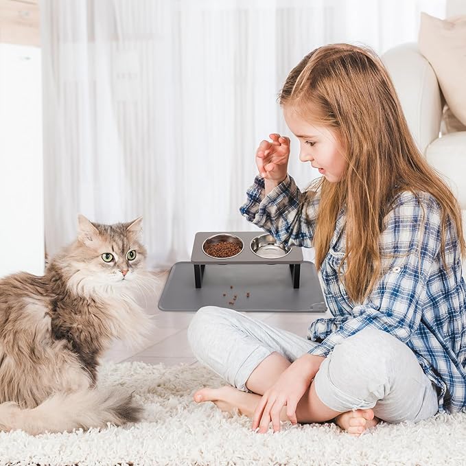 Upgraded Elevated Cat Bowls with Food Mat,15°Tilted Stand Anti Vomiting Raised Cat Dishes for Food and Water,2 Stainless Steel Bowls for Cats and Puppy（Gray）