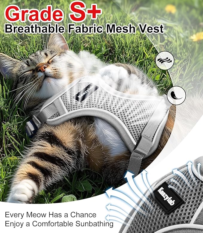 Cat Harness and Leash for Walking Escape Proof Soft Adjustable Cat Leash Breathable Comfortable Vest Easy to Wear Kitten Harness for Outdoor Travel Grey M