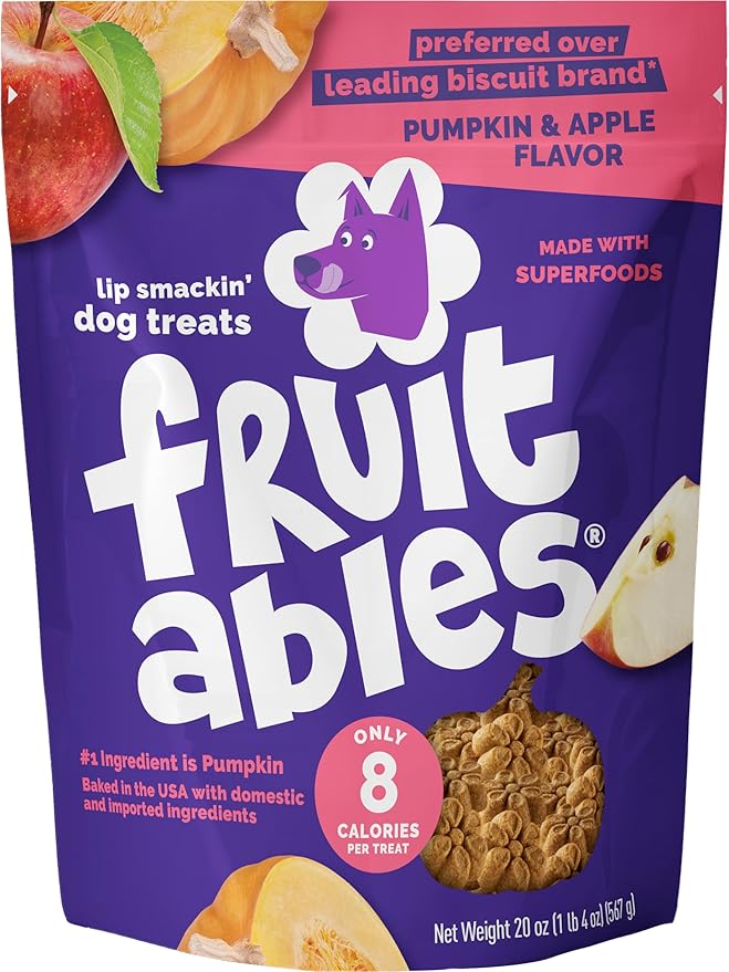 Fruitables Baked Dog Treats, Healthy Pumpkin Treat for Dogs, Low Calorie & Delicious, Free of Wheat, Corn and Soy, Made in The USA, Pumpkin and Apple Flavor, 20oz