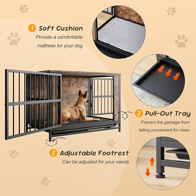 Rustic Large Dog Cage Furniture, Brown Wooden Dog Crate Kennel Furniture, Decorative Dog House Indoor End Table for Small Medium Large Dog