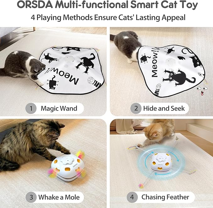 ORSDA Cat Toys for Indoor Cats, 4 in 1 Automatic Interactive Kitten Toy, Rechargeable Electric Whack-A-Mole Moving Ambush Feather, Hide and Seek, Chase Feather for Kitty for Kicker Adult Cat