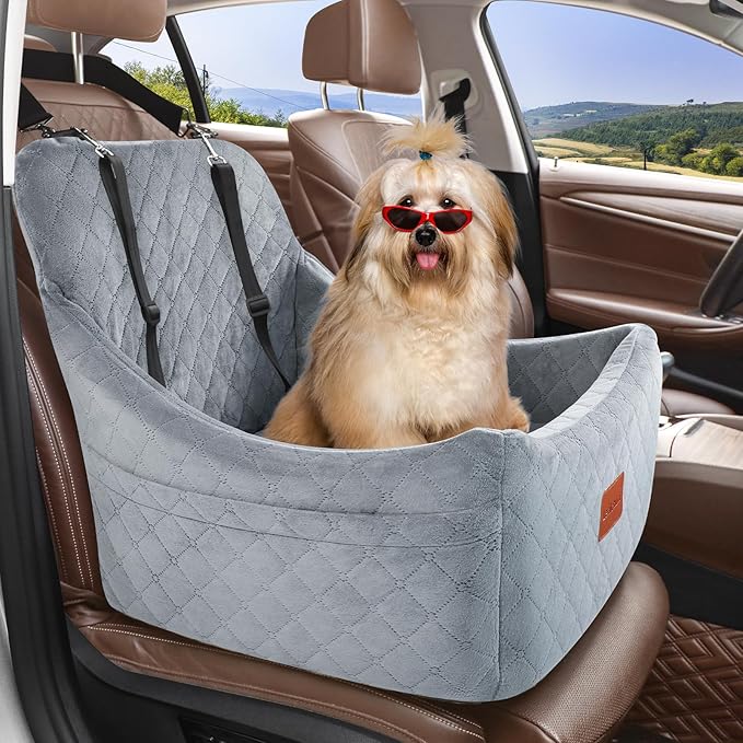 Dog Car Seat for Medium Dogs Up to 35lbs,Fully Detachable and Washable,Easy to Install with Adjustable Straps,Anti-Slip Bottom Travel Car Bed for Pets,2 Side Pockets(Grey,Medium)
