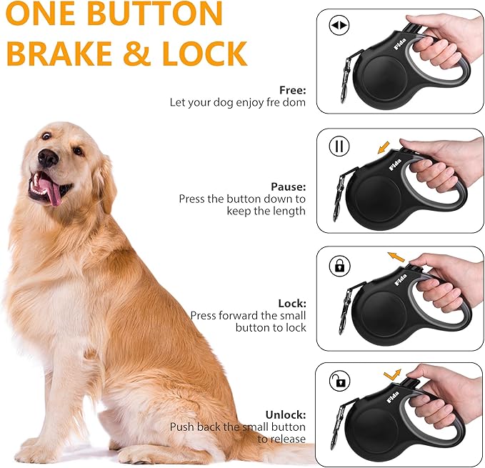 Fida Retractable Dog Leash with Dispenser and Poop Bags, 16 ft Pet Walking Leash for Large Dog up to 110 lbs, Anti-Slip Handle, Tangle-Free, Reflective Nylon Tape (L, Black)