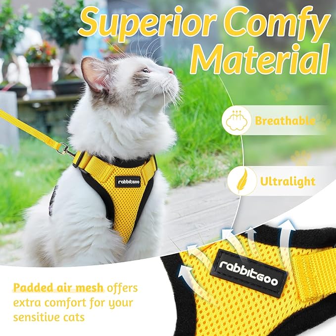 rabbitgoo Cat Harness and Leash for Walking, Escape Proof Soft Adjustable Vest Harnesses for Cats, Easy Control Breathable Reflective Strips Jacket, Yellow, M