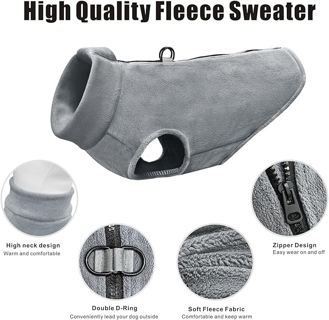 Idepet Dog Fleece Vest Sweater Zip Up Warm Pullover Dogs Jacket with D-Ring Leash Winter Cold Weater Coat Pet Sweatershirt Clothes Hoodie for Small Medium Dogs Boy Girl (Gray, S)