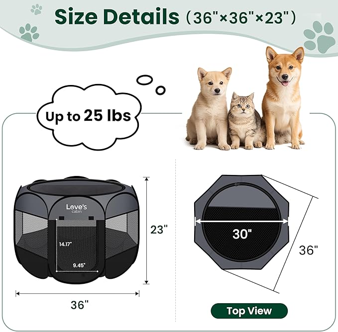 Love's cabin Pet Puppy Dog Playpen, Medium Dog Tent Crates Cage Indoor/Outdoor, Portable Playpen for Cat, Foldable Pop Up Dog Kennel Playpen with Carring Case, Removable Zipper Top, Dark Grey