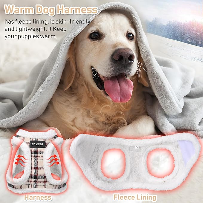 GAMUDA Small Dog Harness Collar and Leash Set, Step in No Chock No Pull Soft Mesh Adjustable Dog Vest Harnesses Plaid Reflective for Dogs Puppy Cats Kitten Rabbit (Warm Beige, XXS)
