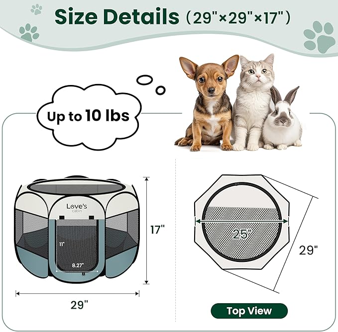 Love's cabin Pet Puppy Dog Playpen, Small Dog Tent Crates Cage Indoor/Outdoor, Portable Playpen for Cat, Foldable Pop Up Dog Kennel Playpen with Carring Case, Removable Zipper Top, Moss Green
