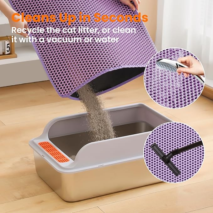 Cat Litter Mat, 24x18 Inches Large Double Layer Honeycomb Cat Litter Trapping Mat, Non Slip Waterproof Urine Proof Cat Litter Box Mat for Floor, Kitty Litter Rug, Cat Supplies, Purple