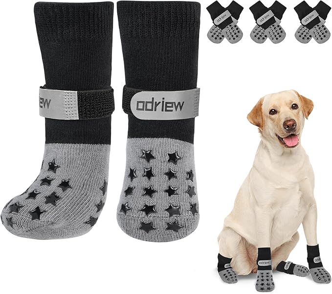 Non Slip Dog Socks to Prevent Licking Paws - Dog Booties for Hardwood Floors Anti Slip - Grippy Socks for Senior Dog - Double Side Paw Protector Prevent Scratching for Hot Pavement. (Grey, L)