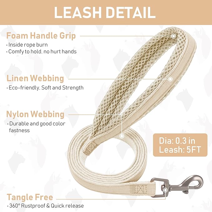 GAMUDA Small Pet Harness Collar and Leash Set, Step in No Chock No Pull Linen Fabric Soft Mesh Dog Vest Harnesses Reflective for Dogs Puppy Cats Kitten Rabbit (Khaki, XL)