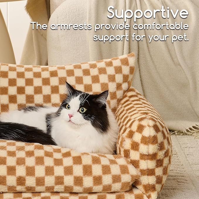 Hollypet Cat Bed Fluffy Plush Mutifuctional Double-Layer Soft Pet Couch Orthopedic Sofa Nest Beds for Small Cats and Dogs, Brown and Light Yellow (25x20x13 inch)