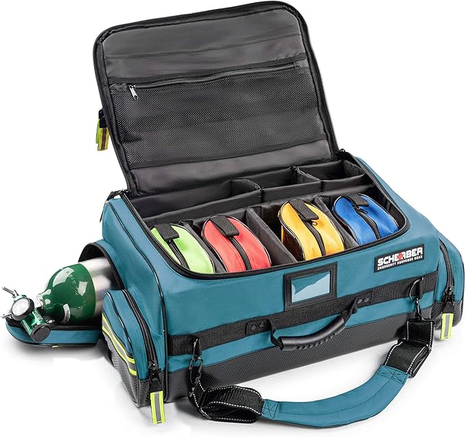 Scherber Fully-Stocked Premium First Responder Bag | HSA/FSA Approved | Large Pro EMT/EMS Trauma, Bleeding & Oxygen Medical Kit | CAT Tourniquet, HyFin Chest Seal & 250+ First Aid Supplies (Blue)