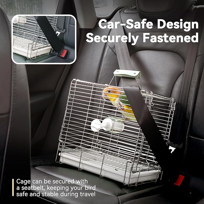 Bird Carrier Travel Cage - 304 Stainless Steel Portable Folding Bird Travel Cage with Parrot Feeder Cups & Standing Perch for Smaller Birds Conures Lovebird Cockatiel Parakeets (White)