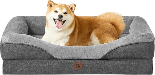 EHEYCIGA Memory Foam Dog Bed for Large Sized, Orthopedic Dog Sofa with Sides and Waterproof Liner, Washable Bolster Pet Bed Couch with Removable Cover, 36x27x7 Inch, Grey