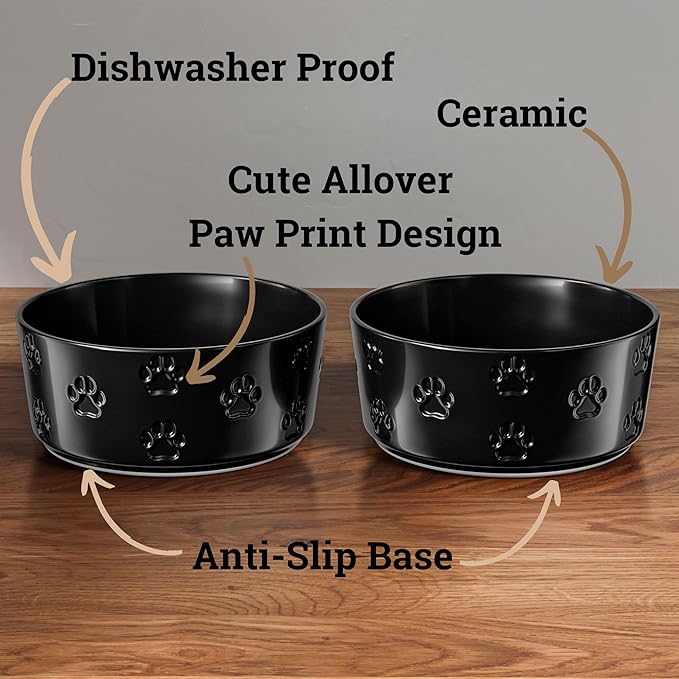 Ceramic Dog Bowl Set of 2 with Anti-Skid Base - 6.5" Wide x 2.5" Tall Ceramic Dog Bowls Medium Sized Dogs - 3.8 Cup Capacity Food and Water Bowls for Dogs - Rubber Bottom Pet Bowl Set of 2 Medium Size