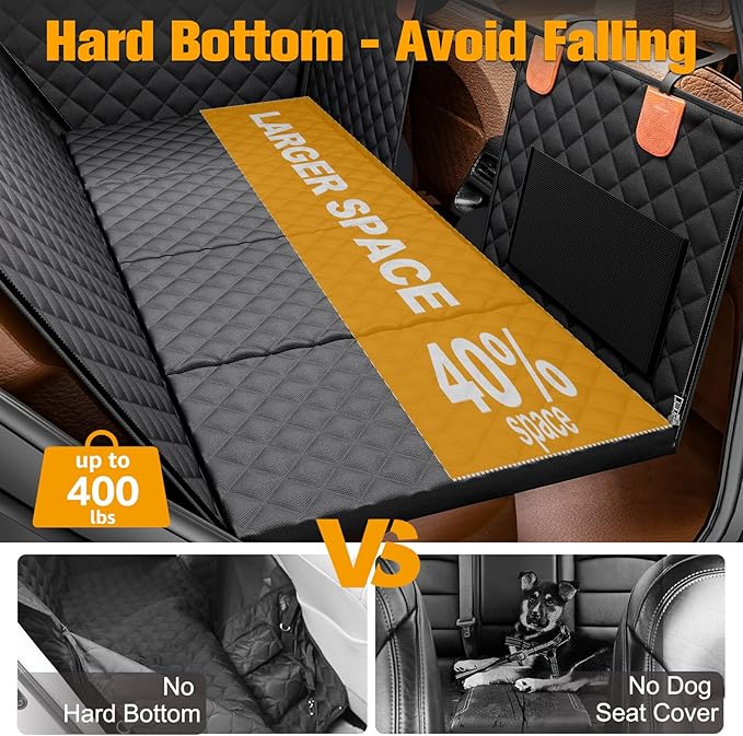 Back Seat Extender for Dogs, Hard Bottom Dog Car Seat Cover - Supports 400lbs, Rear Seat Pet Cover with Mesh Window, Waterproof Dog Hammock for Car SUV and Trucks