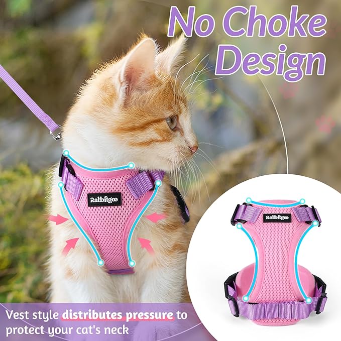 rabbitgoo Cat Harness and Leash for Walking, Escape Proof Soft Adjustable Vest Harnesses for Cats, Easy Control Breathable Reflective Strips Jacket, Pink & Purple, M
