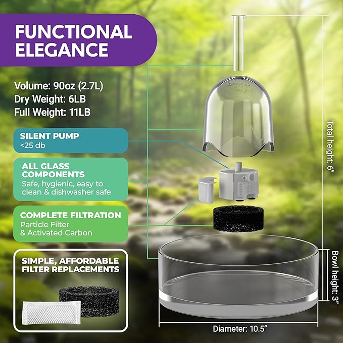 Brook Glass Pet Fountain (90oz/2.7L) – Cat Water Fountain & Small Dog Drinking Fountain – Automatic Water Dispenser Cat Fountain