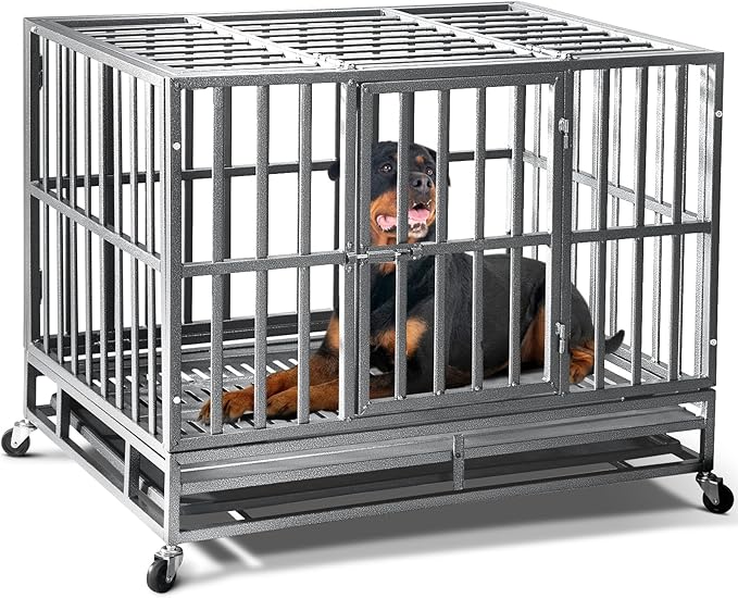 Oranland 38 inch Heavy Duty Indestructible Dog Crate,2025 New Upgraded Reinforced Baseplate for Large Dogs,XL Dog Crate for High Anxiety Dogs/Max Load Capacity 200lbs/Double Door with Wheels（Silver）