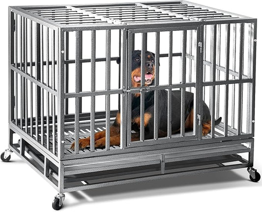 Oranland 38 inch Heavy Duty Indestructible Dog Crate,2025 New Upgraded Reinforced Baseplate for Large Dogs,XL Dog Crate for High Anxiety Dogs/Max Load Capacity 200lbs/Double Door with Wheels（Silver）