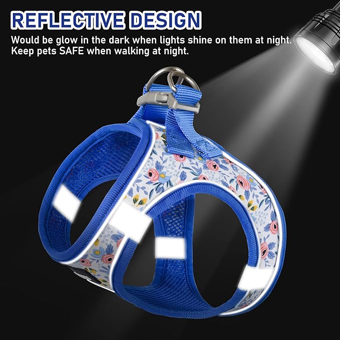 GAMUDA Small Dog Harness Collar and Leash Set, Step in No Chock No Pull Soft Mesh Adjustable Dog Vest Harnesses Plaid Reflective for Dogs Puppy Cats Kitten Rabbit (Blue Flower, M)