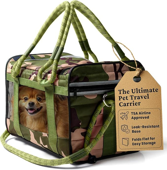 | TSA Airline Approved |Soft Sided Pet Carrier | Cat Carrier | Dog Carrier| Pets Up to 15 lbs | Leash & Luggage Strap | Camo Green Handle
